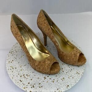 Nine West Tan Specked Cork Heel Peep Toe 4" Pumps Shoes Women's Size 9.5